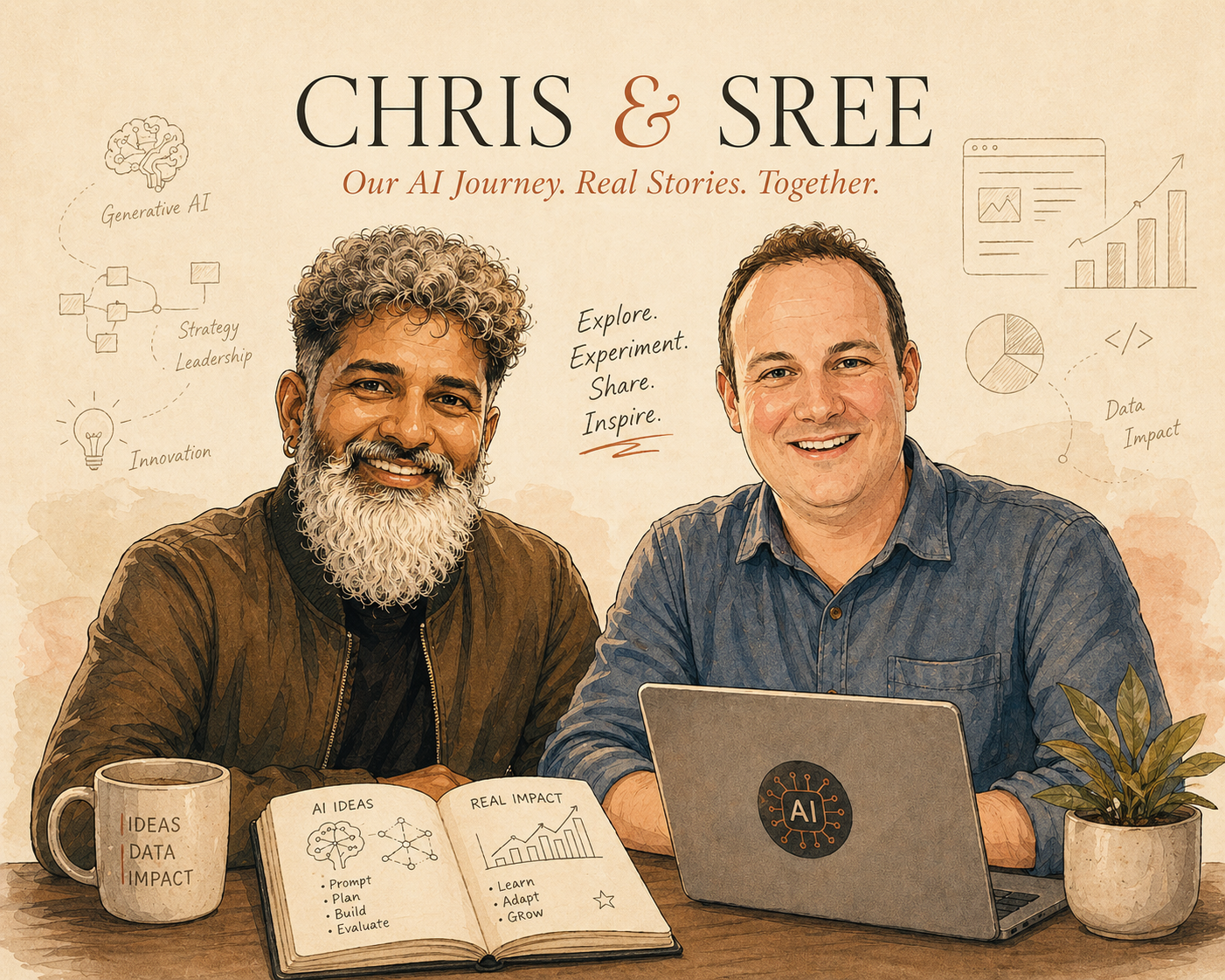 Illustrated portrait of Chris Story and Sreekandh Balakrishnan with AI-themed design elements around them